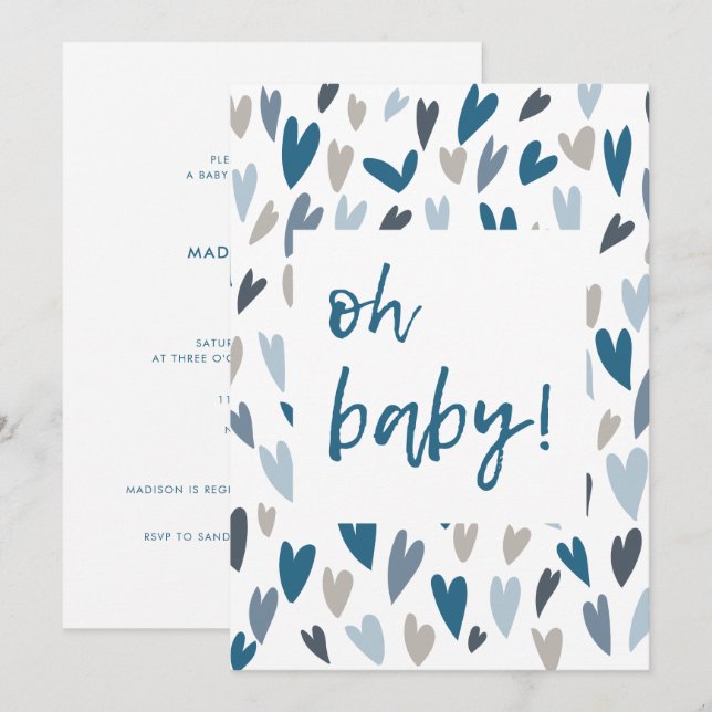 Modern Hearts Blue Boy Oh Baby Shower Invitation (Front/Back)