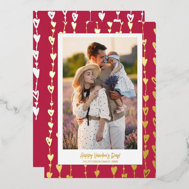 Modern hearts chain magenta photo valentine day foil holiday card (Front/Back)