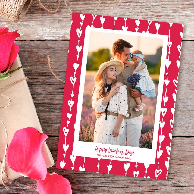 Modern hearts chain magenta photo valentine day holiday card (Creator Uploaded)