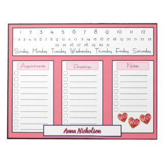 Modern Hearts Daily To Do Appointment Planner Page Notepad