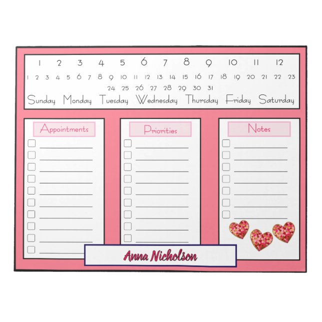 Modern Hearts Daily To Do Appointment Planner Page Notepad (Front)