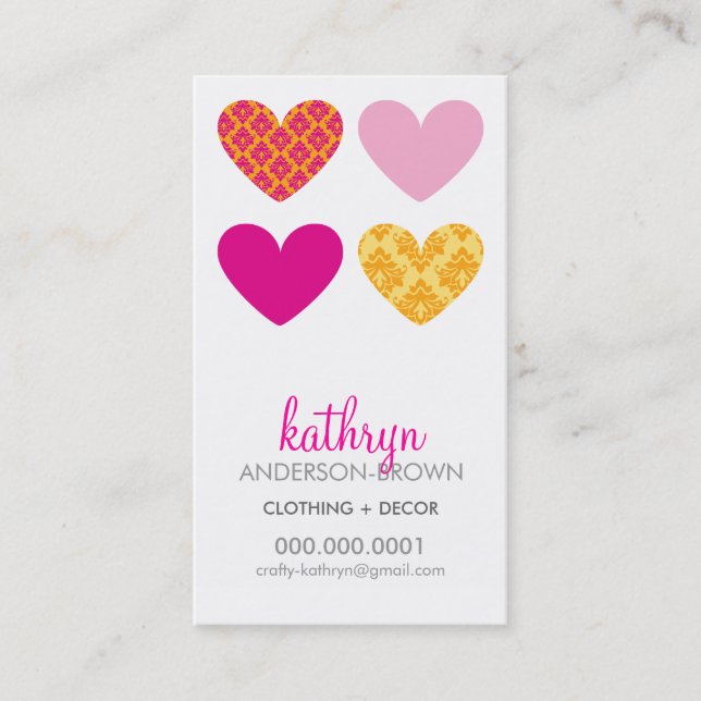 MODERN HEARTS damask pattern bright pink yellow Business Card (Front)