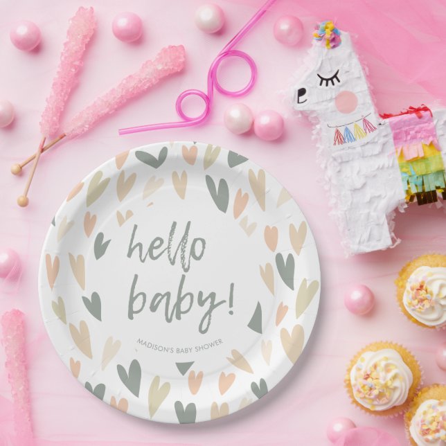 Modern Hearts Gender Neutral Baby Shower Party Paper Plate (Party)