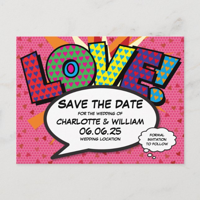Modern Hearts Love Fun Comic Wedding Save The Date Announcement Postcard (Front)