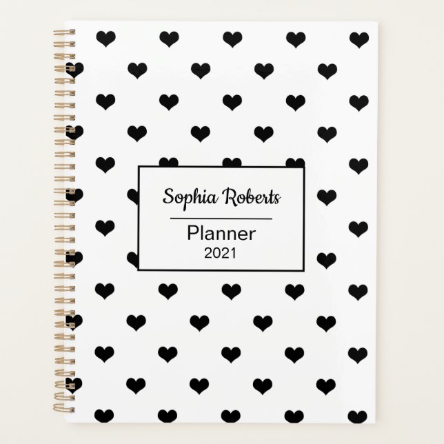Modern hearts pattern black & white personalised planner (Front)