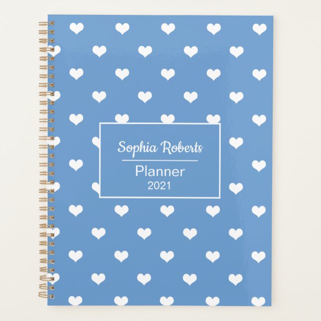 Modern hearts pattern blue personalised planner (Front)