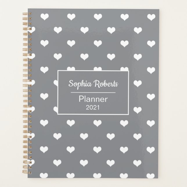 Modern hearts pattern grey personalised planner (Front)