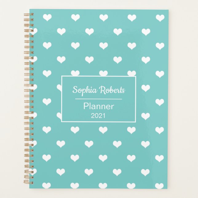 Modern hearts pattern turquoise personalised planner (Front)