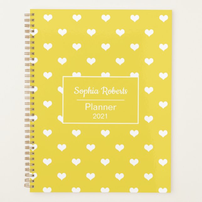 Modern hearts pattern yellow & white personalised planner (Front)