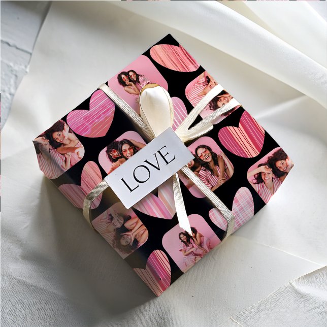 Modern Hearts & Photo Pink & Black Bestie Wrapping Paper Sheet (Creator Uploaded)
