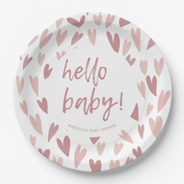 Modern Hearts Pink Girl Baby Shower Party Paper Plate (Front)