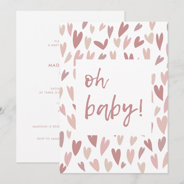 Modern Hearts Pink Girl Oh Baby Shower Invitation (Front/Back)