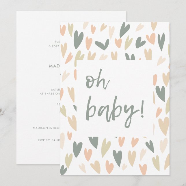 Modern Hearts Sage Gender Neutral Baby Shower Invitation (Front/Back)