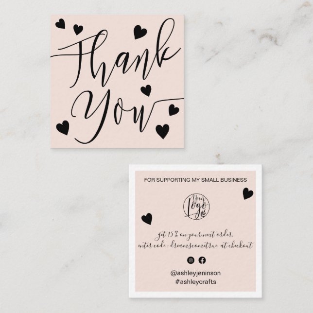Modern hearts thank you script order blush pink square business card (Front/Back)