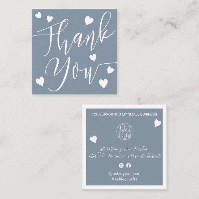Modern hearts thank you script order dusty blue square business card (Front/Back)