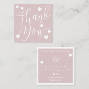 Modern hearts thank you script order dusty pink square business card