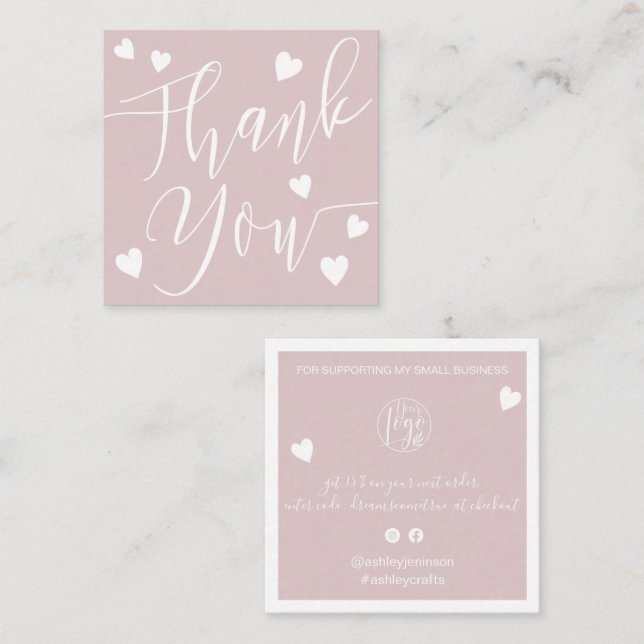 Modern hearts thank you script order dusty pink square business card (Front/Back)