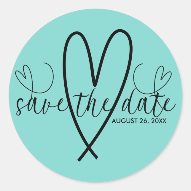 Modern Hearts Turquoise Blue Green Save the Date Classic Round Sticker (Front)