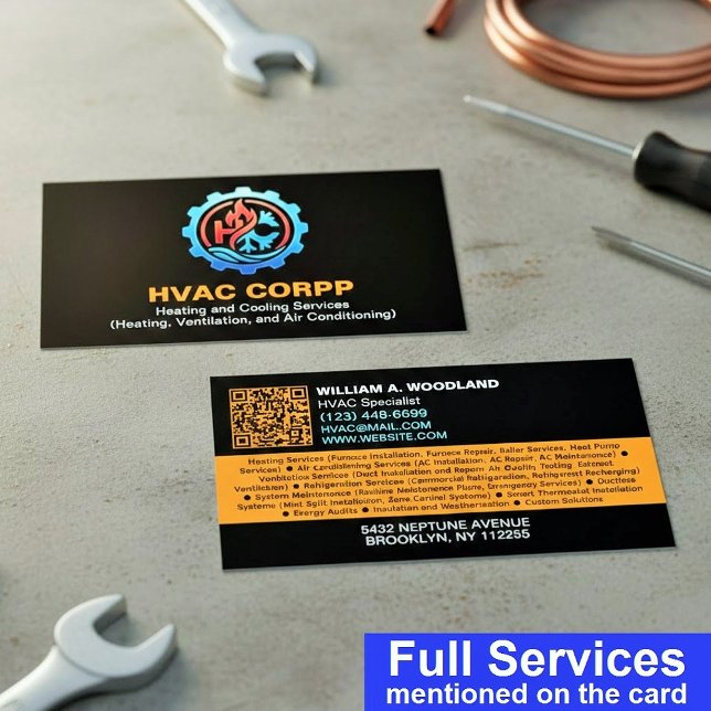 Modern Heating & Cooling Logo Services, Black HVAC Business Card (Creator Uploaded)