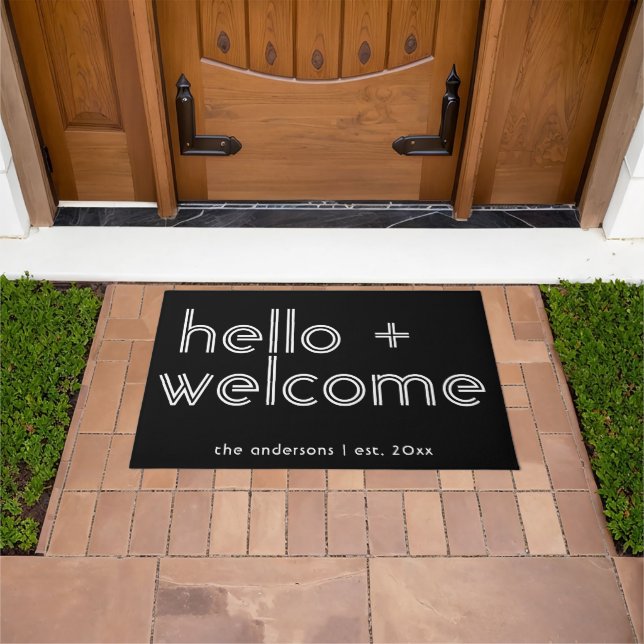 Modern Hello and Welcome Personalised Est Date Doormat (Outdoor)