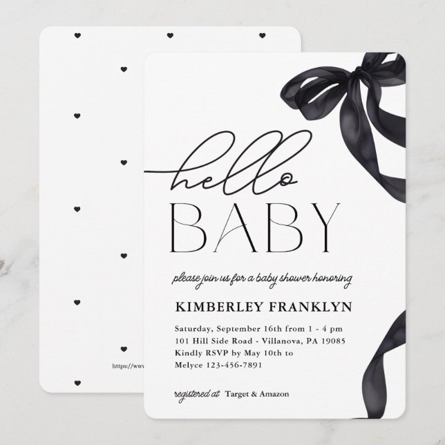 Modern Hello Baby Bow Baby Shower Invitation (Front/Back)