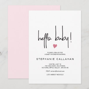 Modern Hello Baby Girl Shower Invite Pink Heart