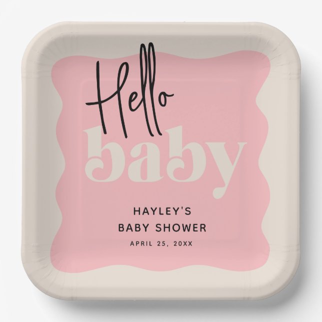 Modern Hello Baby Pink & Cream Baby Shower Paper Plate (Front)