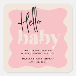 Modern Hello Baby Pink & Cream Baby Shower Square Sticker