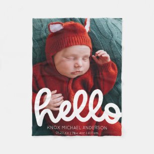 Modern Hello Birth Announcement with Photo Fleece Blanket