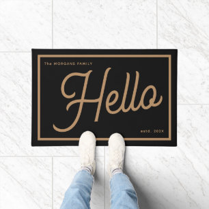 Modern Hello Black Gold Script Family Name Doormat