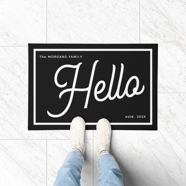 Modern Hello Black White Script Family Name Doormat (Indoor)