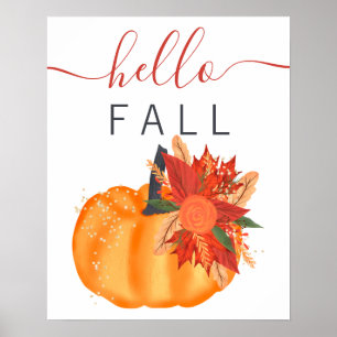 Modern hello fall floral pumpkin typography poster