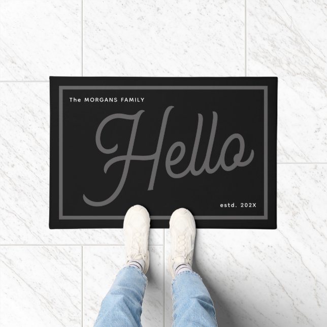 Modern Hello Grey White Script Family Name Doormat (Indoor)