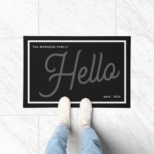 Modern Hello Grey White Script Family Name Doormat