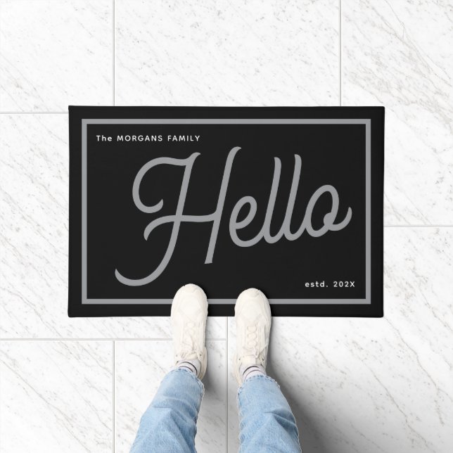 Modern Hello Grey White Script Family Name Doormat (Indoor)