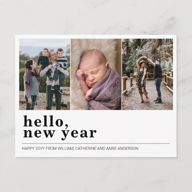 Modern Hello Happy New Year Simple 3 Photo Collage Holiday Postcard (Front)
