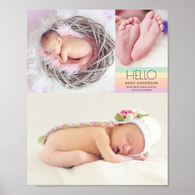 Modern Hello Newborn Baby Photo Birth Date Stats Poster (Front)
