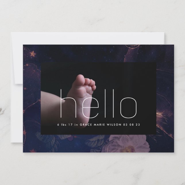 modern hello photo dark purple floral frame birth (Front)