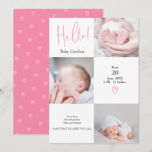 Modern hello pink white 3 photos baby birth announcement