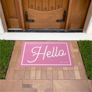 Modern Hello Pink White Script Family Name Doormat