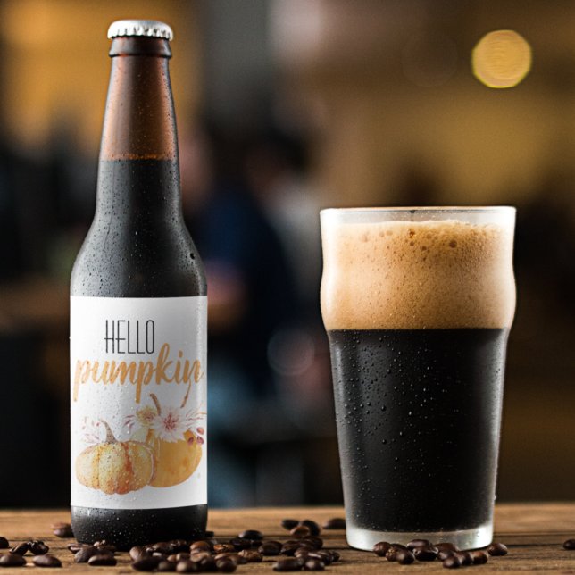 Modern Hello Pumpkin Orange Pumpkin With Flowers Beer Bottle Label (Creator Uploaded)