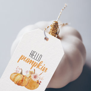 Modern Hello pumpkin Orange Pumpkin With Flowers Gift Tags