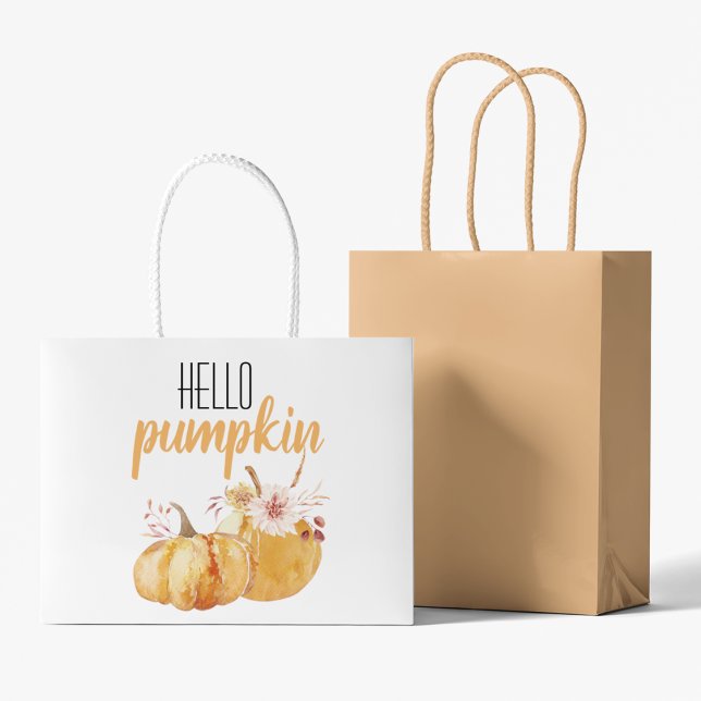Modern Hello Pumpkin Orange Pumpkin With Flowers Large Gift Bag (Creator Uploaded)