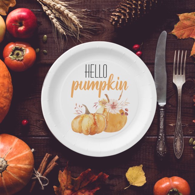 Modern Hello Pumpkin Orange Pumpkin With Flowers Paper Plate (Creator Uploaded)