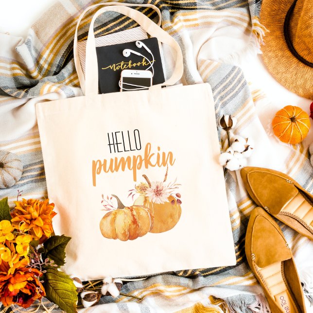 Modern Hello Pumpkin Orange Pumpkin With Flowers Tote Bag (Creator Uploaded)
