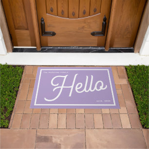Modern Hello Purple White Script Family Name Doormat