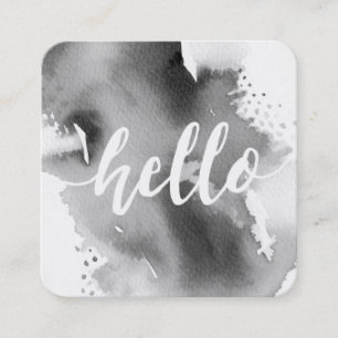 MODERN HELLO SCRIPT arty watercolor splash grey Square Business Card