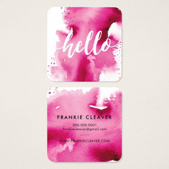 MODERN HELLO SCRIPT arty watercolor splash pink Square Business Card