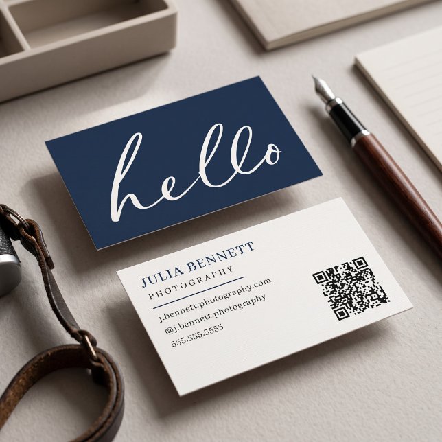Modern "Hello" Script Business Card (Simulated business cards on table)