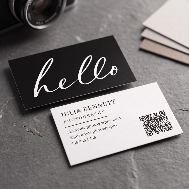 Modern "Hello" Script Business Card (Simulated business cards on table)